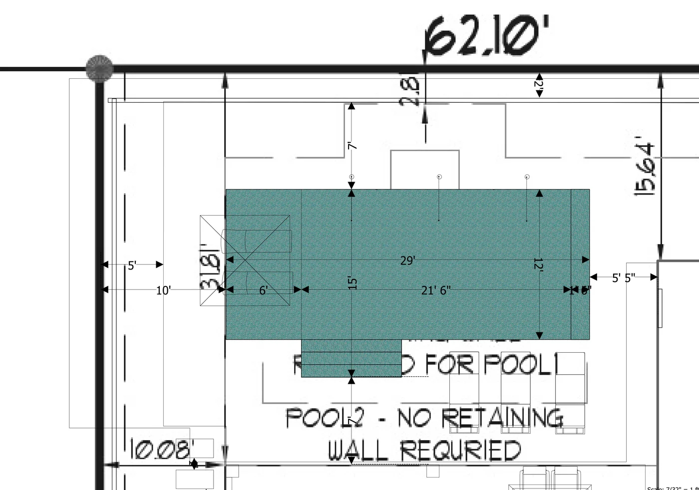 Site plan showing the 29' x 12' pool with its 6' x 12' sunshelf behind the house on Lot 404