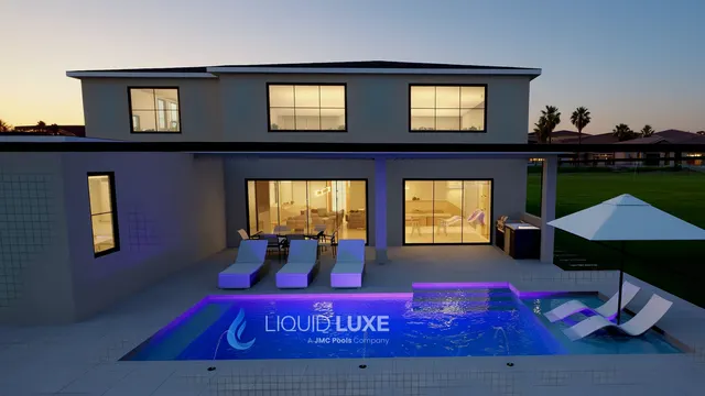 Render of the Hodes pool and outdoor kitchen, view 08 (night view)