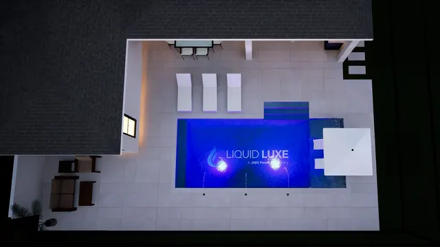 Render of the Hodes pool and outdoor kitchen, view 10 (night aerial)