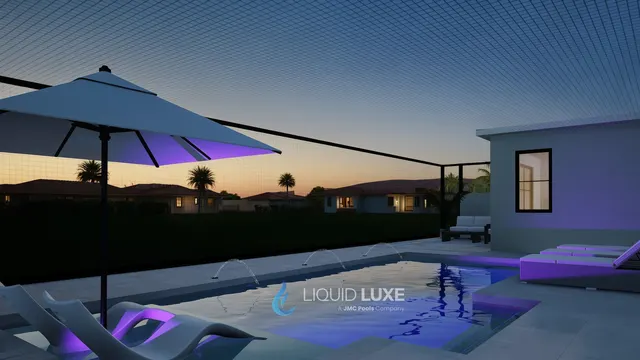 Render of the Hodes pool and outdoor kitchen, view 07 (night view)