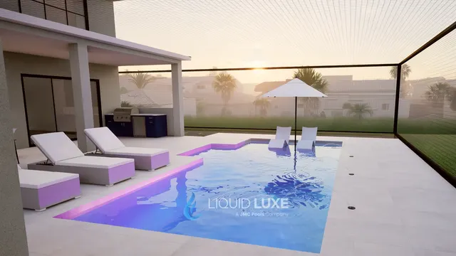 Render of the Hodes pool and outdoor kitchen, view 02 (day view)