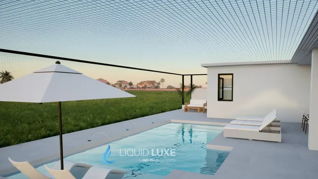 Render of the Hodes pool and outdoor kitchen, view 05 (day view)